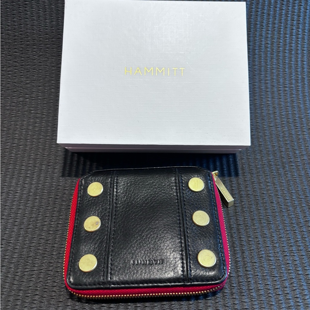 Hammitt Black Leather Zip Wallet with Gold Studs and Red Trim w/original box/bag